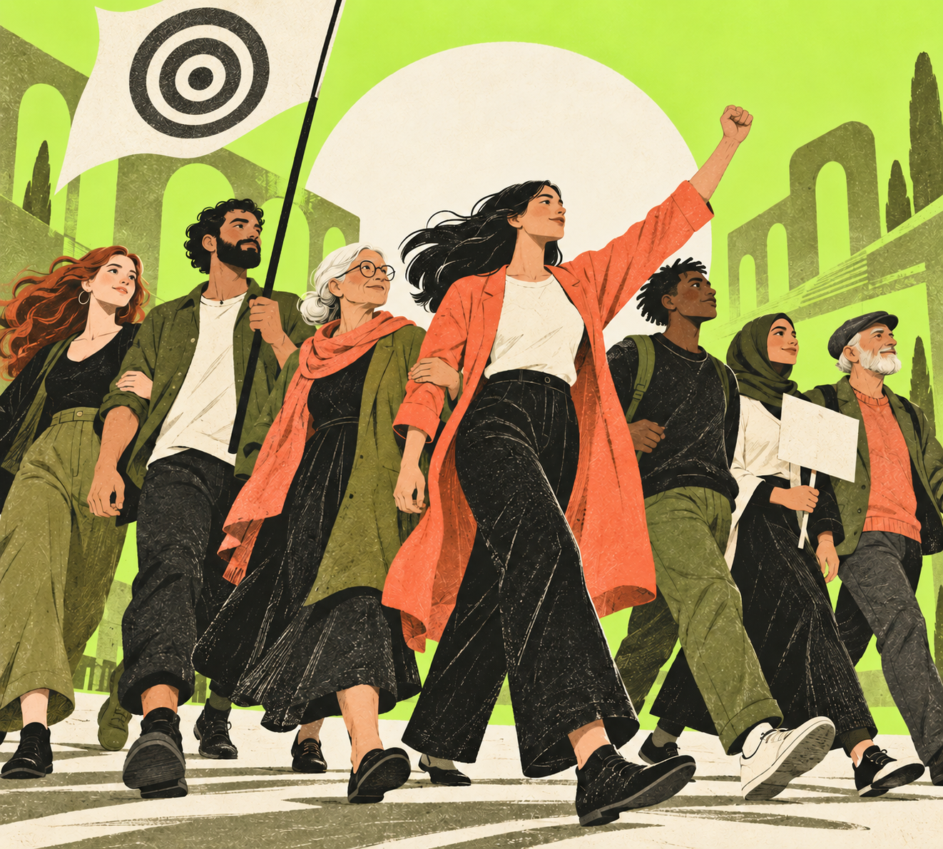 Citizens marching together, led by a woman with a raised fist, carrying a white flag with a target symbol